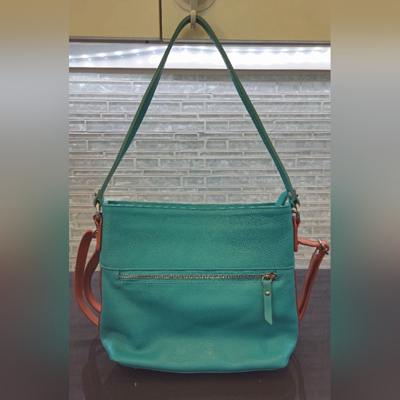 🎀 Valentina Turquoise and Tan Pebble Leather Shoulder Bag with Gold Accents - Picture 14 of 17